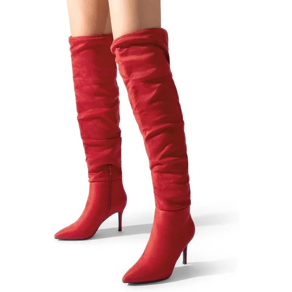 Women's Red-suede Faux Leather Over The Knee Boots Thigh High Pointed Toe Boot